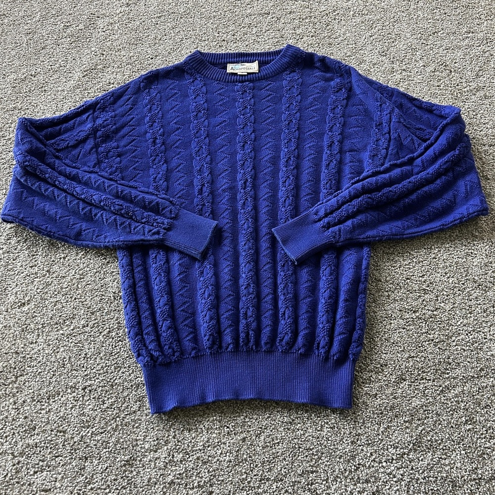 Vintage Aeropostale Sweater Mens Medium Blue Cotton Cable Knit Crewneck Pullover
